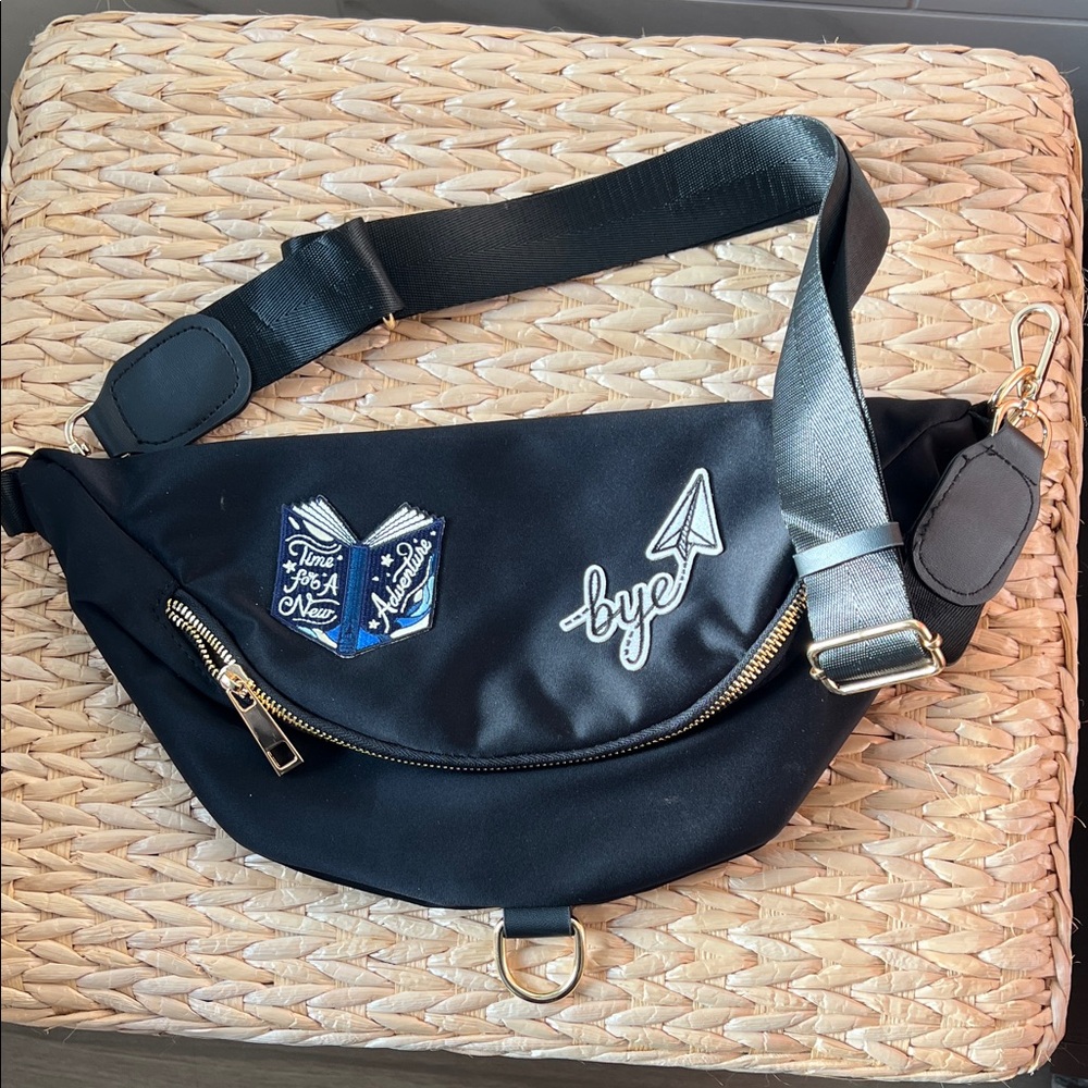 Black Nylon travel Crossbody Bag sling bag  with Embroidered Patches.